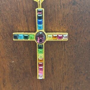 Vintage 1998 PSCO Rainbow Gold Tone Cross Necklace 14 inches